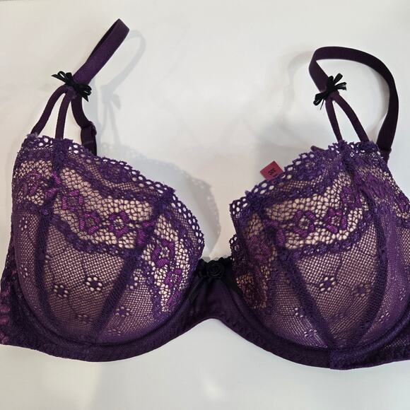 Betsey Johnson Intimates Eyelet Lace Demi-cup Bra Ultra Violet Size 32C - Picture 1 of 9